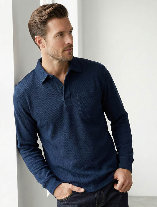 Waffle Knit Pullover Sweatshirt - Navy