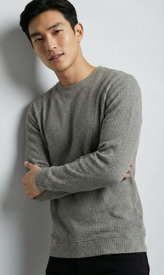 WAFFLE KNIT-TEXTURE SWEATSHIRT