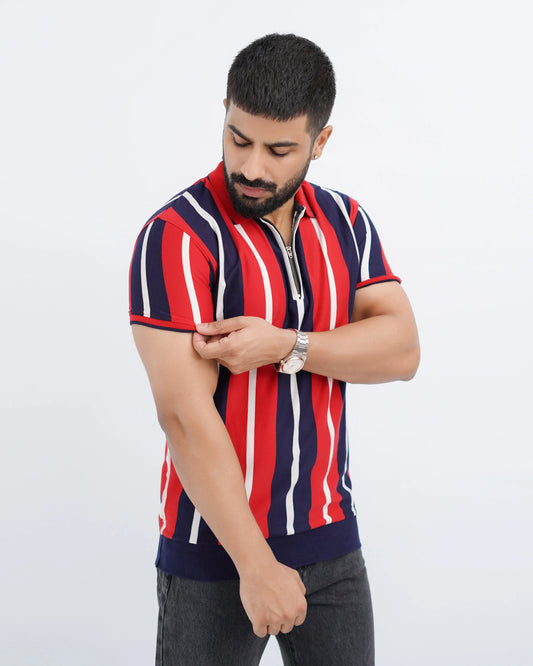 Old Money Striper Zipper Polo – Yarn Dyed Vertical Stripe