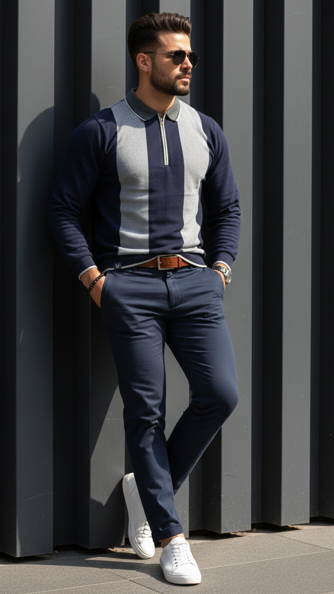 Man wearing a navy and gray jacket, blue jeans, and white sneakers against a gray wall.