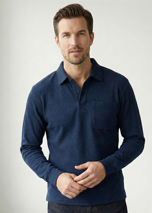 Waffle Knit Pullover Sweatshirt - Navy