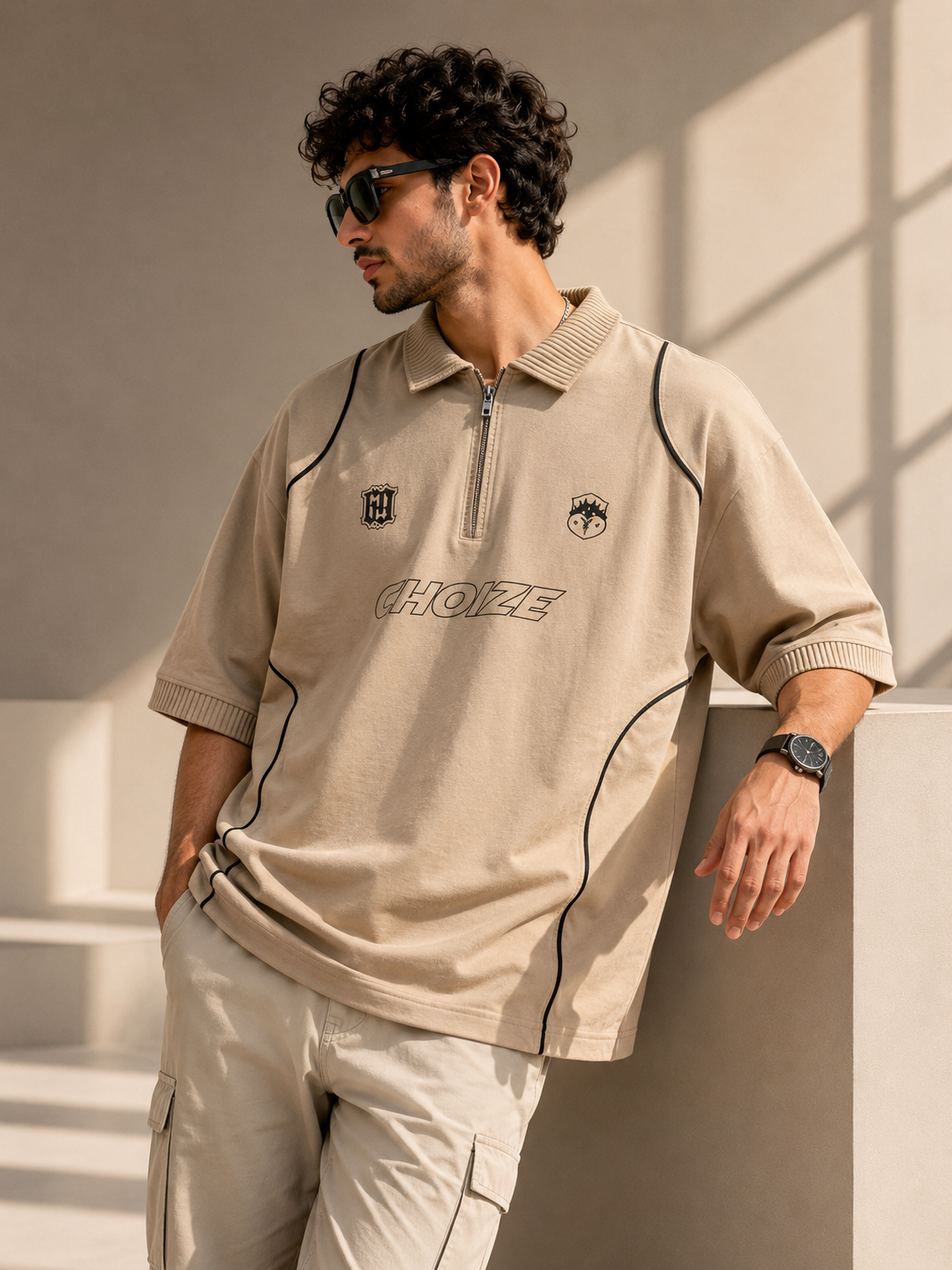 CHOIZE Piped Zip Polo Beige