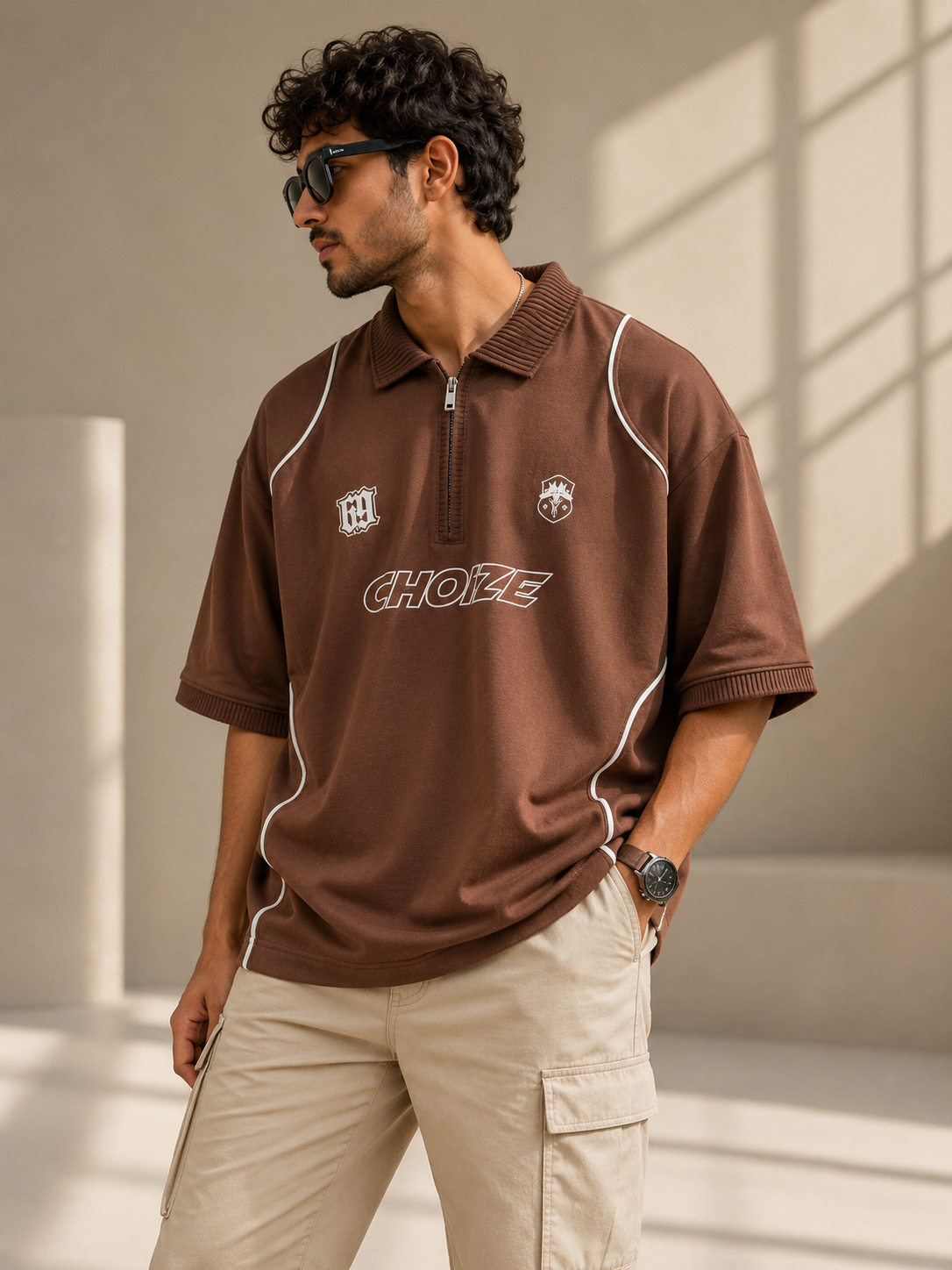 CHOIZE Piped Zip Polo Brown