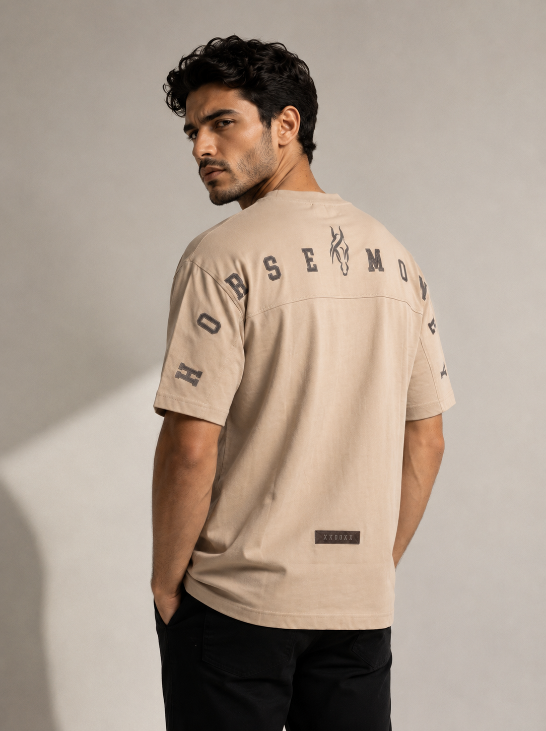 Horse Money drop shoulder T-shirt beige back on model