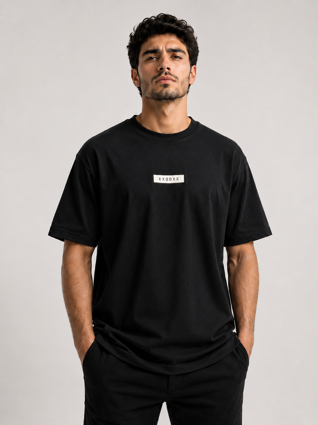 Horse Money drop shoulder T-shirt black front on model