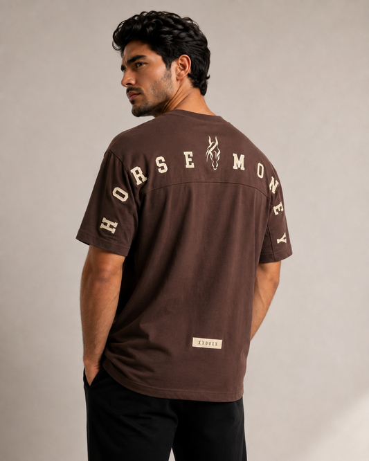 Horse Money drop shoulder T-shirt brown back on model
