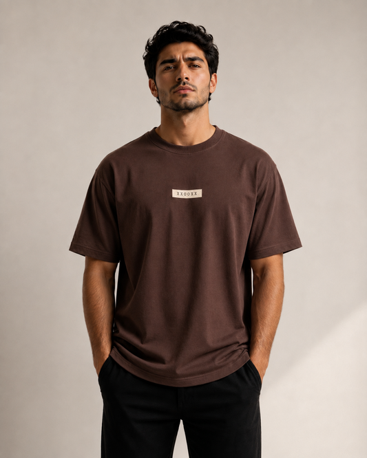 Horse Money drop shoulder T-shirt brown front on model