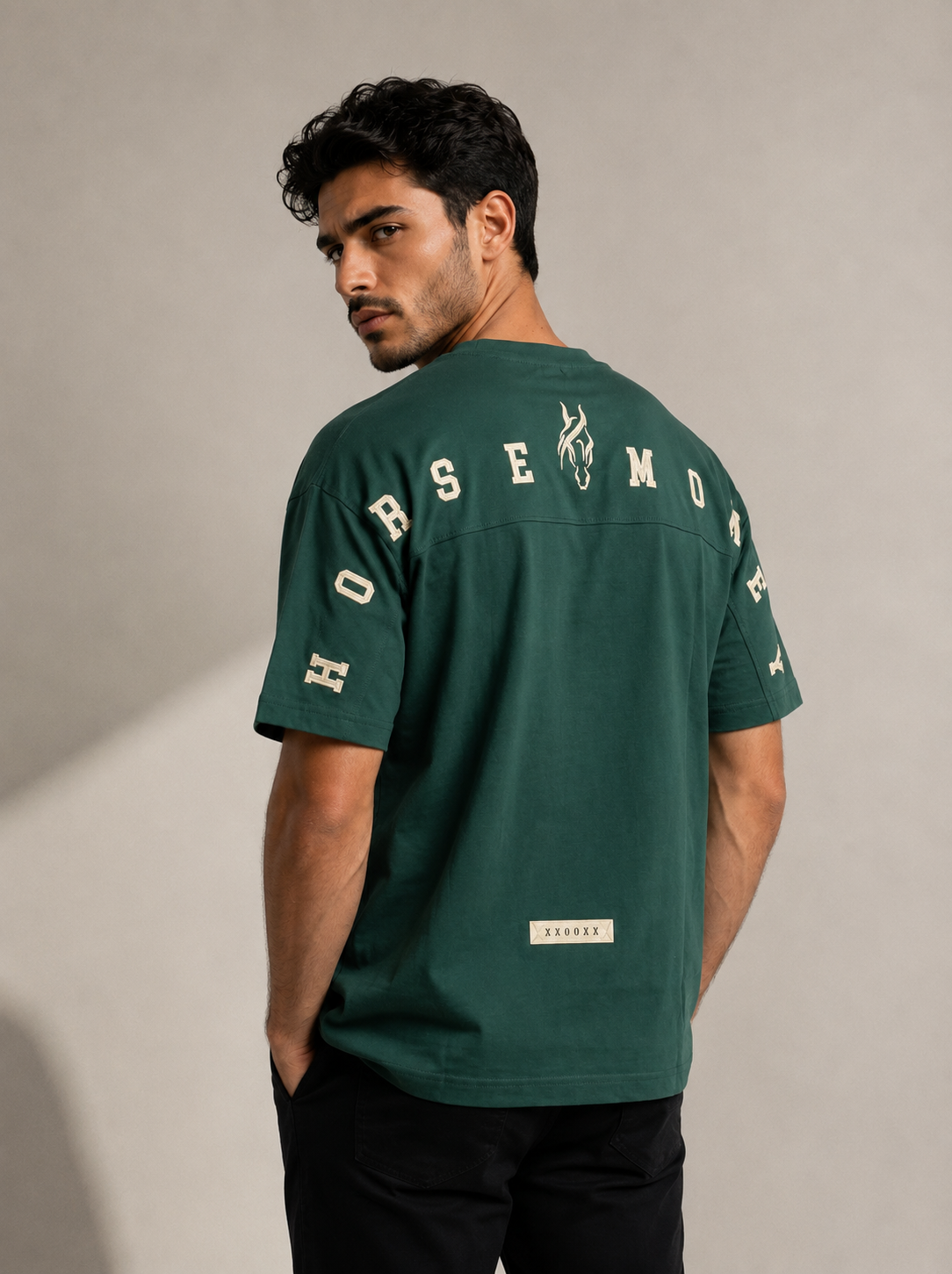 Horse Money drop shoulder T-shirt green back on model