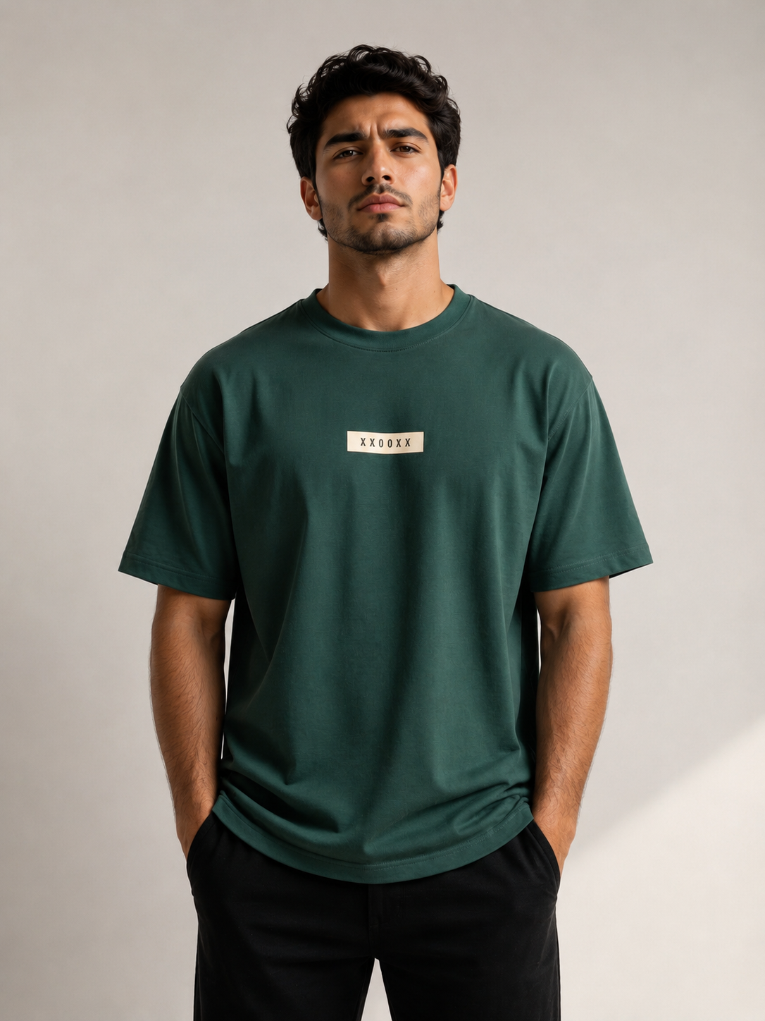 Horse Money drop shoulder T-shirt green front on model