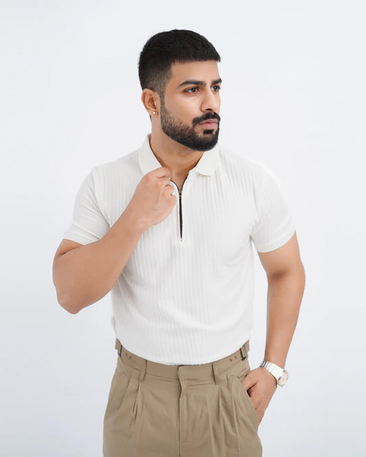 Old Money Textured Zipper Polo – Drop Needle PQ Knit